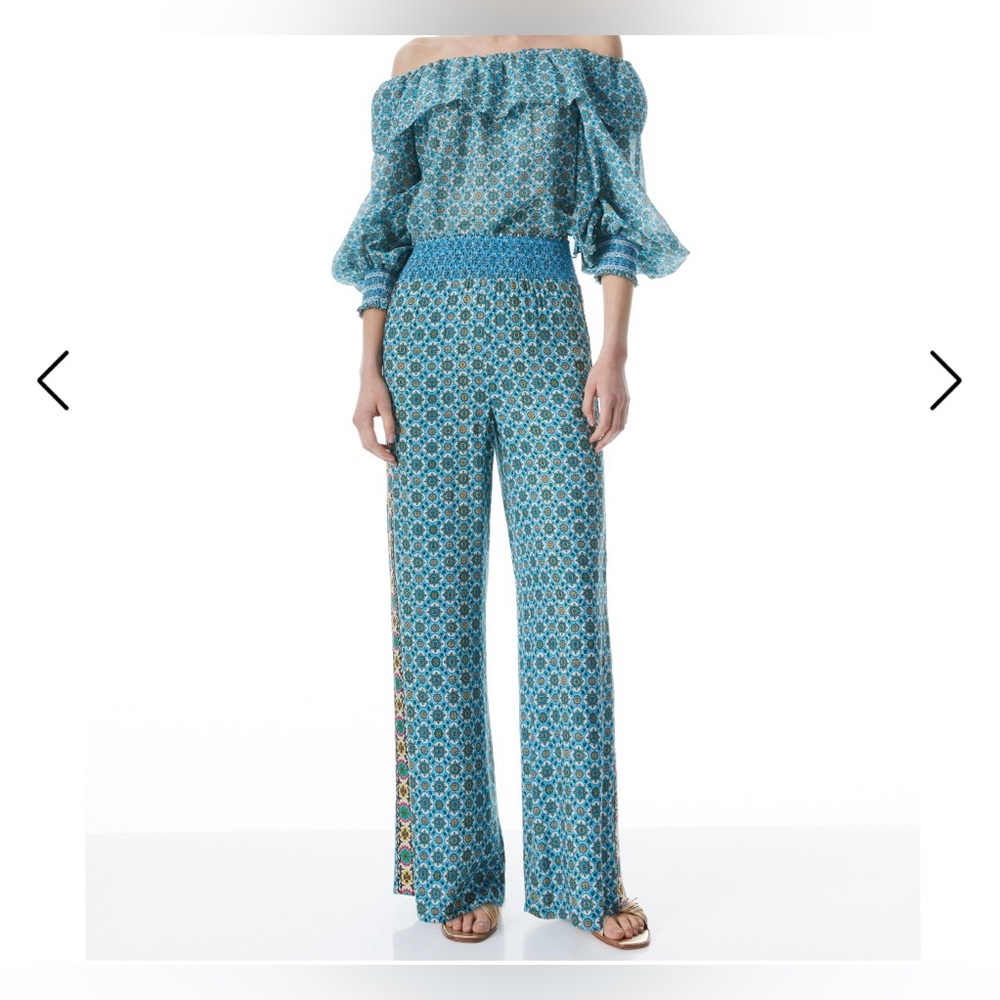 Alice + Olivia Russell High Waisted Smocked Waistband Pant In Washed Geo Size L